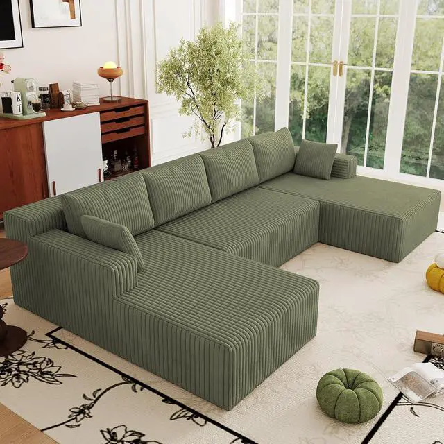 Alt view image 5 of 7 - 124" Cloud Sectional Couch,Modern U-Shaped Boneless Couch with Deep Seat,Comfy Corduroy 4-Seater Sofa,Memory Foam Sofa for Living Room,No Assembly Required (Green)