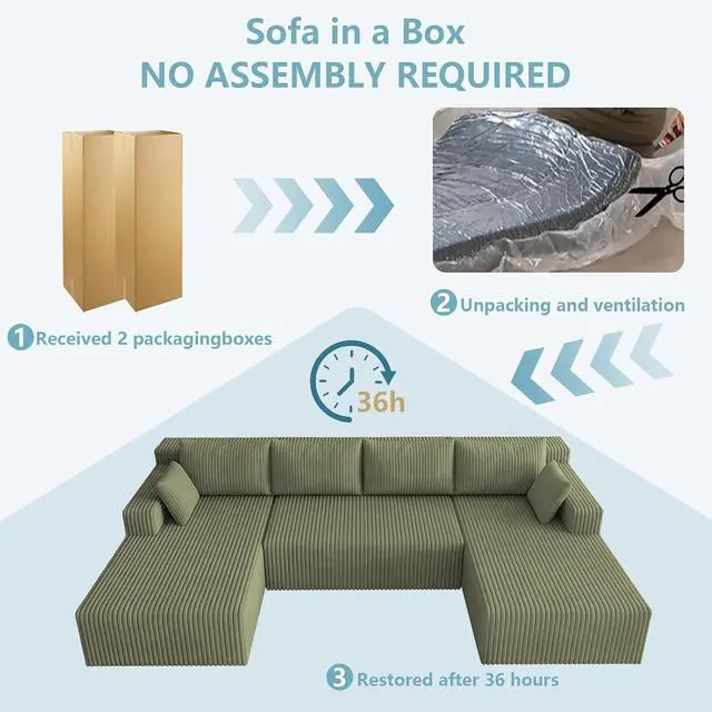 Alt view image 7 of 7 - 124" Cloud Sectional Couch,Modern U-Shaped Boneless Couch with Deep Seat,Comfy Corduroy 4-Seater Sofa,Memory Foam Sofa for Living Room,No Assembly Required (Green)