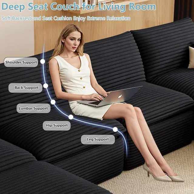 Alt view image 5 of 7 - 142" Cloud Sectional Couch with U-Shaped Chaise,Corduroy Viral Boneless Sofa with Ottoman,Memory Foam Couces in a Box with Deep Seat for Living Room,No Assembly Required (Black)