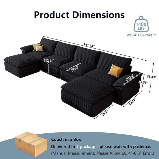 Alt view image 2 of 7 - 142" Cloud Sectional Couch with U-Shaped Chaise,Corduroy Viral Boneless Sofa with Ottoman,Memory Foam Couces in a Box with Deep Seat for Living Room,No Assembly Required (Black)