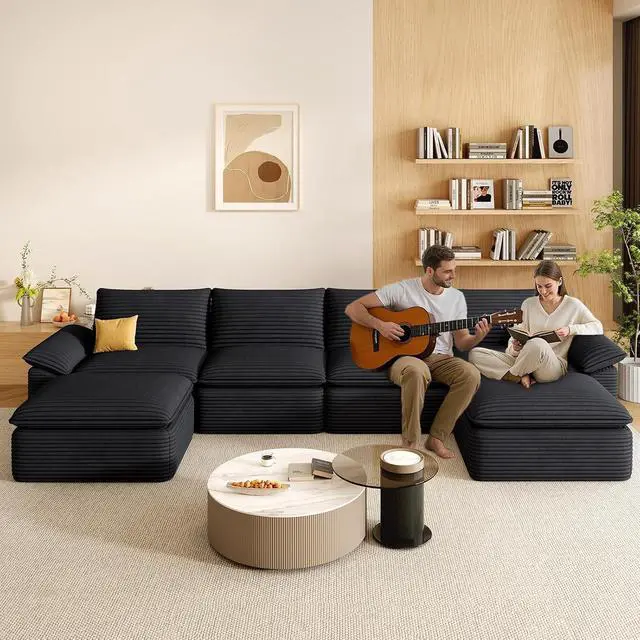 Alt view image 3 of 7 - 142" Cloud Sectional Couch with U-Shaped Chaise,Corduroy Viral Boneless Sofa with Ottoman,Memory Foam Couces in a Box with Deep Seat for Living Room,No Assembly Required (Black)
