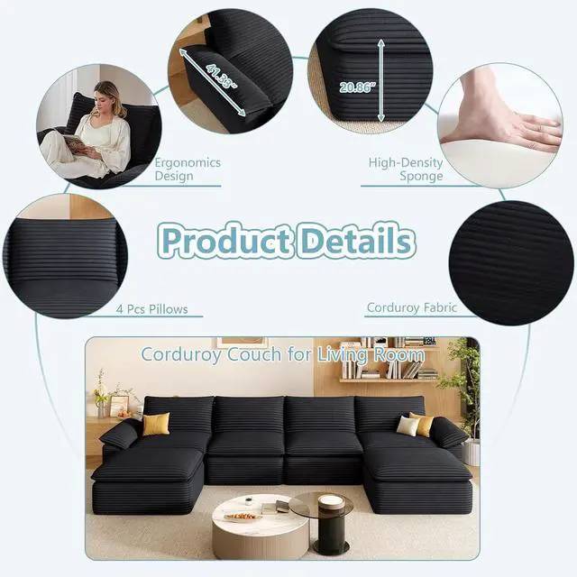 Alt view image 4 of 7 - 142" Cloud Sectional Couch with U-Shaped Chaise,Corduroy Viral Boneless Sofa with Ottoman,Memory Foam Couces in a Box with Deep Seat for Living Room,No Assembly Required (Black)