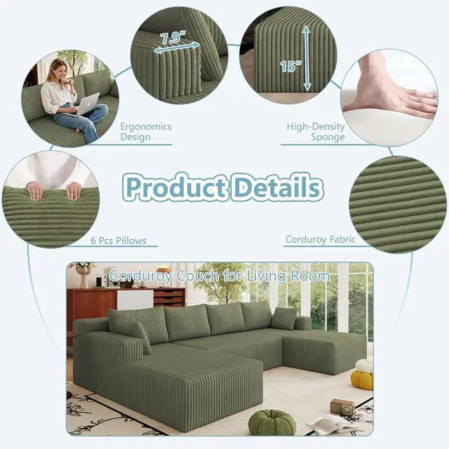 Alt view image 4 of 7 - 124" Cloud Sectional Couch,Modern U-Shaped Boneless Couch with Deep Seat,Comfy Corduroy 4-Seater Sofa,Memory Foam Sofa for Living Room,No Assembly Required (Green)