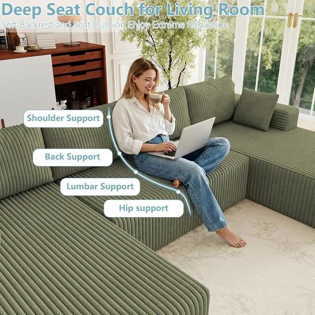 Alt view image 6 of 7 - 124" Cloud Sectional Couch,Modern U-Shaped Boneless Couch with Deep Seat,Comfy Corduroy 4-Seater Sofa,Memory Foam Sofa for Living Room,No Assembly Required (Green)
