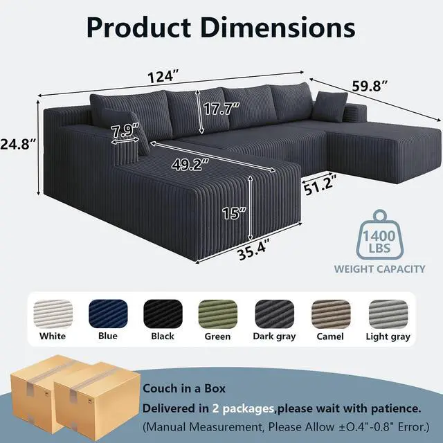 Alt view image 2 of 7 - 124" Cloud Sectional Couch,Modern U-Shaped Boneless Couch with Deep Seat,Comfy Corduroy 4-Seater Sofa,Memory Foam Sofa for Living Room,No Assembly Required (Dark Grey)
