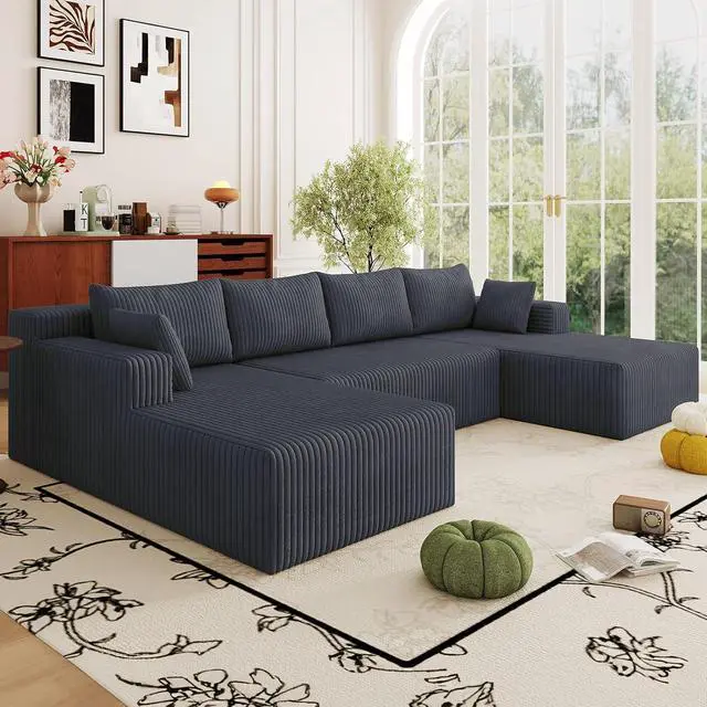 Alt view image 3 of 7 - 124" Cloud Sectional Couch,Modern U-Shaped Boneless Couch with Deep Seat,Comfy Corduroy 4-Seater Sofa,Memory Foam Sofa for Living Room,No Assembly Required (Dark Grey)