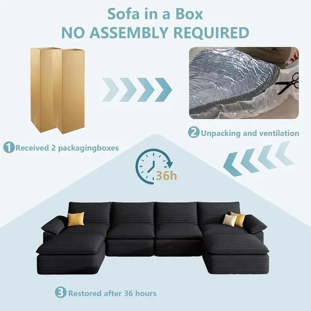 Alt view image 6 of 7 - 142" Cloud Sectional Couch with U-Shaped Chaise,Corduroy Viral Boneless Sofa with Ottoman,Memory Foam Couces in a Box with Deep Seat for Living Room,No Assembly Required (Black)