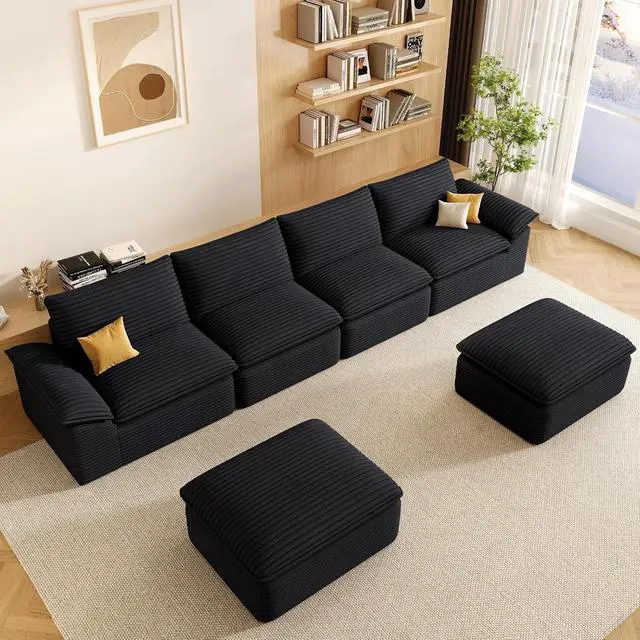 Alt view image 7 of 7 - 142" Cloud Sectional Couch with U-Shaped Chaise,Corduroy Viral Boneless Sofa with Ottoman,Memory Foam Couces in a Box with Deep Seat for Living Room,No Assembly Required (Black)