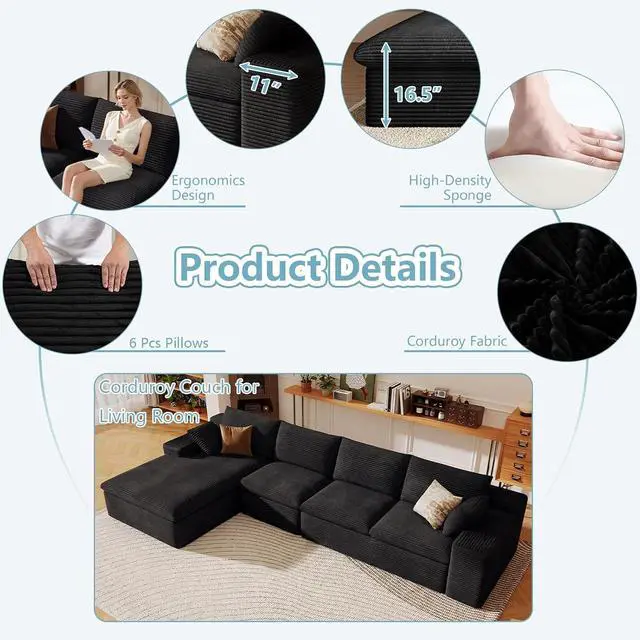 Alt view image 4 of 7 - 136" Cloud Sectional Couch with L-Shape Chaise, Modern Corduroy Viral Boneless Sofa for Living Room,Memory Foam Couches in a Box with Deep Seat,No Assembly Required (Black,Left-Facing Chaise)