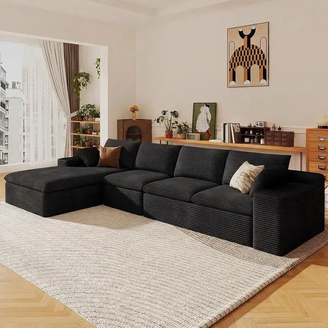 Alt view image 5 of 7 - 136" Cloud Sectional Couch with L-Shape Chaise, Modern Corduroy Viral Boneless Sofa for Living Room,Memory Foam Couches in a Box with Deep Seat,No Assembly Required (Black,Left-Facing Chaise)