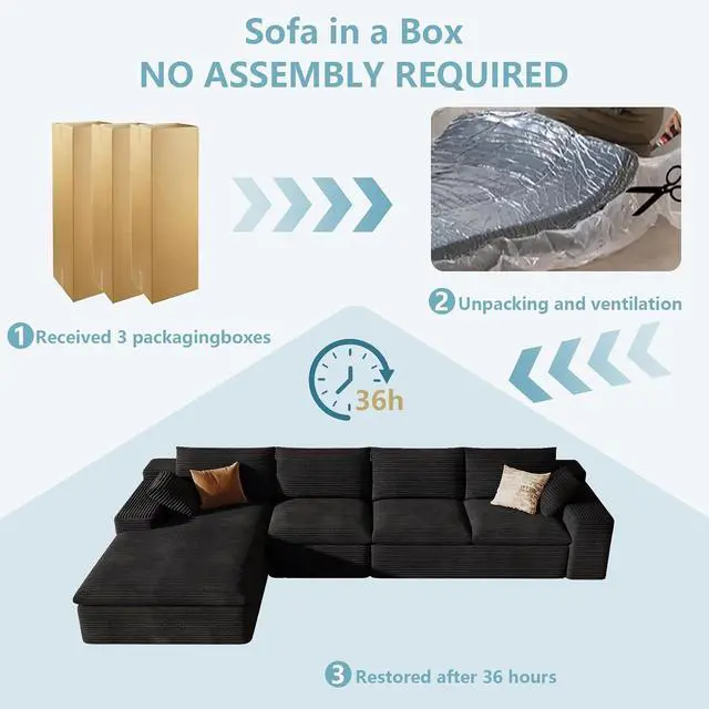 Alt view image 7 of 7 - 136" Cloud Sectional Couch with L-Shape Chaise, Modern Corduroy Viral Boneless Sofa for Living Room,Memory Foam Couches in a Box with Deep Seat,No Assembly Required (Black,Left-Facing Chaise)