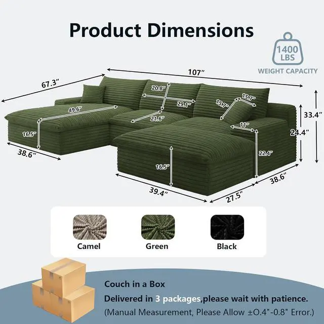 Alt view image 2 of 7 - 107" Cloud Sectional Couch with U-Shaped Chaise,Corduroy Viral Boneless Sofa with Ottoman,Memory Foam Couches in a Box with Deep Seat for Living Room,No Assembly Required (Green,Left-Facing Chaise)