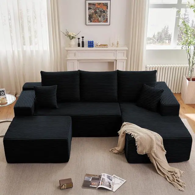 Alt view image 7 of 7 - 95" W Cloud Sectional Couch with Ottoman,Modern U-Shaped Cloud Couch with Deep Seat,Comfy Corduroy 3-Seater Sofa,Memory Foam Sofa for Living Room,No Assembly (Jet Black,Right-Facing Chaise)