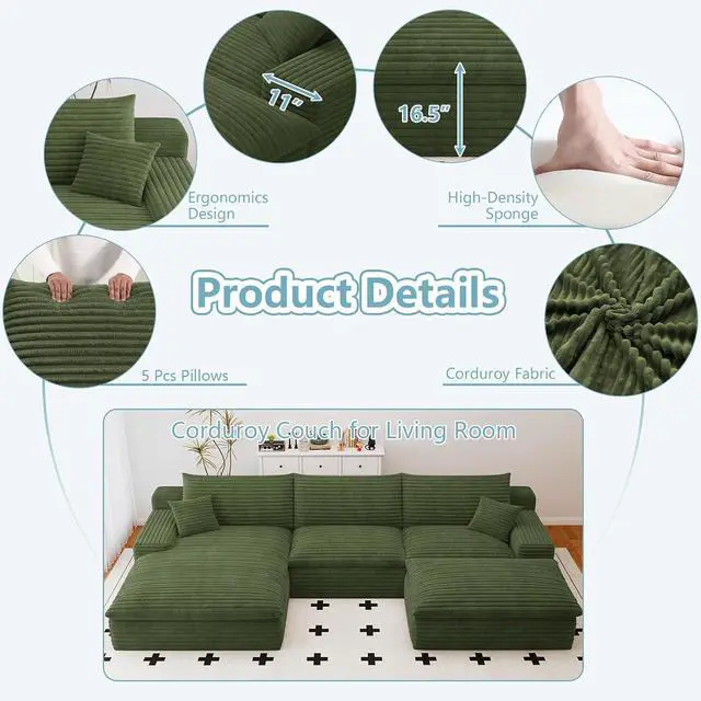 Alt view image 4 of 7 - 107" Cloud Sectional Couch with U-Shaped Chaise,Corduroy Viral Boneless Sofa with Ottoman,Memory Foam Couches in a Box with Deep Seat for Living Room,No Assembly Required (Green,Left-Facing Chaise)