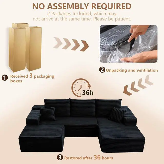 Alt view image 6 of 7 - 95" W Cloud Sectional Couch with Ottoman,Modern U-Shaped Cloud Couch with Deep Seat,Comfy Corduroy 3-Seater Sofa,Memory Foam Sofa for Living Room,No Assembly (Jet Black,Right-Facing Chaise)