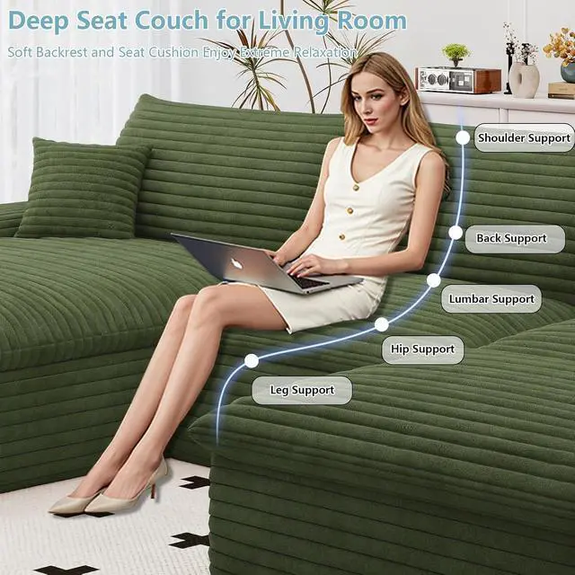 Alt view image 5 of 7 - 107" Cloud Sectional Couch with U-Shaped Chaise,Corduroy Viral Boneless Sofa with Ottoman,Memory Foam Couches in a Box with Deep Seat for Living Room,No Assembly Required (Green,Left-Facing Chaise)