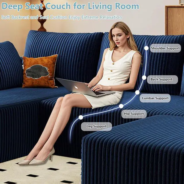 Alt view image 3 of 6 - 96" W Cloud Sectional Couch with Ottoman,Modern U-Shaped Cloud Couch with Deep Seat,Comfy Corduroy 3-Seater Sofa,Memory Foam Sofa for Living Room,No Assembly (Blue,Left-Facing Chaise)