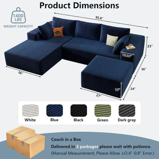 Alt view image 2 of 6 - 96" W Cloud Sectional Couch with Ottoman,Modern U-Shaped Cloud Couch with Deep Seat,Comfy Corduroy 3-Seater Sofa,Memory Foam Sofa for Living Room,No Assembly (Blue,Left-Facing Chaise)