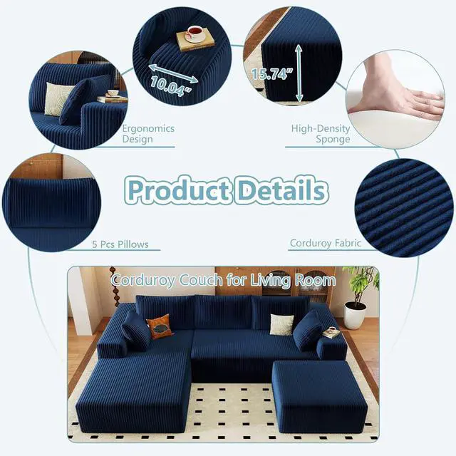 Alt view image 4 of 6 - 96" W Cloud Sectional Couch with Ottoman,Modern U-Shaped Cloud Couch with Deep Seat,Comfy Corduroy 3-Seater Sofa,Memory Foam Sofa for Living Room,No Assembly (Blue,Left-Facing Chaise)