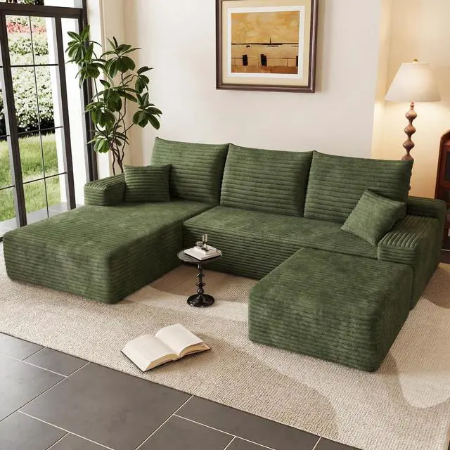 Main image of 95" Cloud Sectional Couch with Ottoman,Modern U-Shaped Cloud Couch with Deep Seat,Comfy Corduroy 3-Seater Sofa,Memory Foam Sofa for Living Room,No Assembly (Green,Left-Facing Chaise)