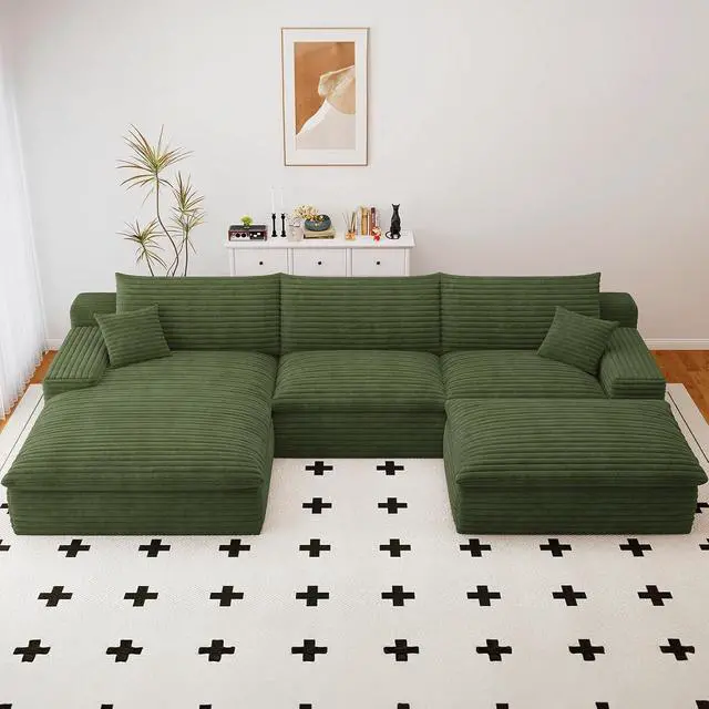 Alt view image 3 of 7 - 107" Cloud Sectional Couch with U-Shaped Chaise,Corduroy Viral Boneless Sofa with Ottoman,Memory Foam Couches in a Box with Deep Seat for Living Room,No Assembly Required (Green,Left-Facing Chaise)