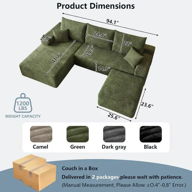 Alt view image 2 of 7 - 95" Cloud Sectional Couch with Ottoman,Modern U-Shaped Cloud Couch with Deep Seat,Comfy Corduroy 3-Seater Sofa,Memory Foam Sofa for Living Room,No Assembly (Green,Left-Facing Chaise)