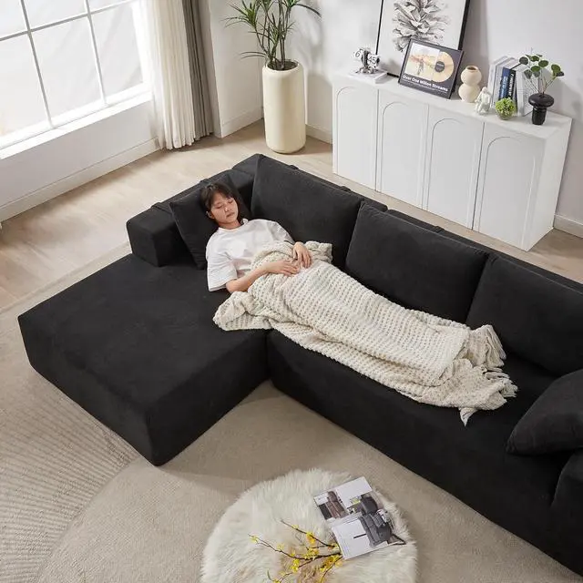 Alt view image 7 of 7 - 108" Modular Sectional Sofa, Convertible L-Shaped Couch with 6 Pillows, Modern Chenille 3-Seater Deep-Seated Cloud Couch for Living Room, No Assembly Required (Black, Left-Facing Chaise)