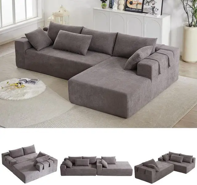 Main image of 108" Modular Sectional Sofa, Convertible L-Shaped Couch with 6 Pillows, Modern Chenille 3-Seater Deep-Seated Cloud Couch for Living Room, No Assembly Required (Grey, Right-Facing Chaise)
