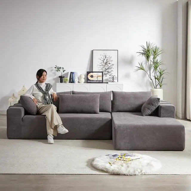 Alt view image 5 of 6 - 108" Modular Sectional Sofa, Convertible L-Shaped Couch with 6 Pillows, Modern Chenille 3-Seater Deep-Seated Cloud Couch for Living Room, No Assembly Required (Grey, Right-Facing Chaise)