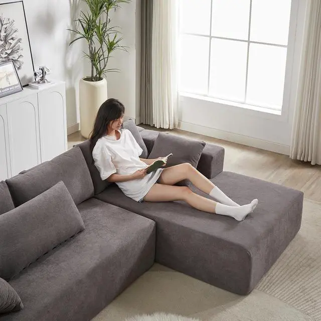 Alt view image 2 of 6 - 108" Modular Sectional Sofa, Convertible L-Shaped Couch with 6 Pillows, Modern Chenille 3-Seater Deep-Seated Cloud Couch for Living Room, No Assembly Required (Grey, Right-Facing Chaise)