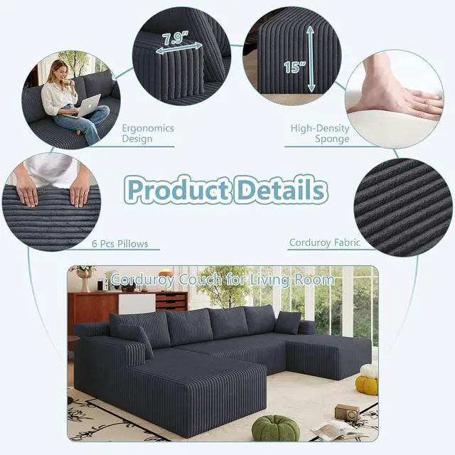 Alt view image 5 of 7 - 124" Cloud Sectional Couch,Modern U-Shaped Boneless Couch with Deep Seat,Comfy Corduroy 4-Seater Sofa,Memory Foam Sofa for Living Room,No Assembly Required (Dark Grey)