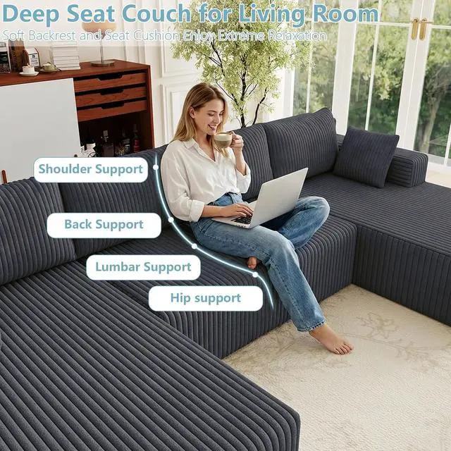 Alt view image 6 of 7 - 124" Cloud Sectional Couch,Modern U-Shaped Boneless Couch with Deep Seat,Comfy Corduroy 4-Seater Sofa,Memory Foam Sofa for Living Room,No Assembly Required (Dark Grey)