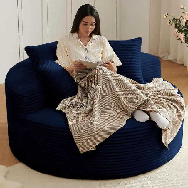 Main image of 55'' Oversized Round Lounge Chair Indoor, Corduroy Upholstered Large Lounge Chaise, Cloud Soft Circle Sofa Bed for Reading,Living Room,Bedroom,No Assembly Required,Blue