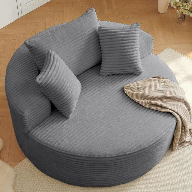 Alt view image 7 of 7 - 55'' Oversized Round Lounge Chair Indoor, Corduroy Upholstered Large Lounge Chaise, Cloud Soft Circle Sofa Bed for Reading,Living Room,Bedroom,No Assembly Required,Grey