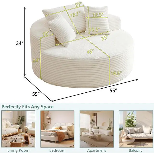Alt view image 2 of 7 - 55'' Oversized Round Lounge Chair Indoor, Corduroy Upholstered Large Lounge Chaise, Cloud Soft Circle Sofa Bed for Reading,Living Room,Bedroom,No Assembly Required,Beige