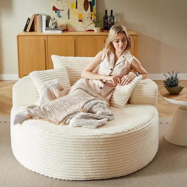 Main image of 55'' Oversized Round Lounge Chair Indoor, Corduroy Upholstered Large Lounge Chaise, Cloud Soft Circle Sofa Bed for Reading,Living Room,Bedroom,No Assembly Required,Beige