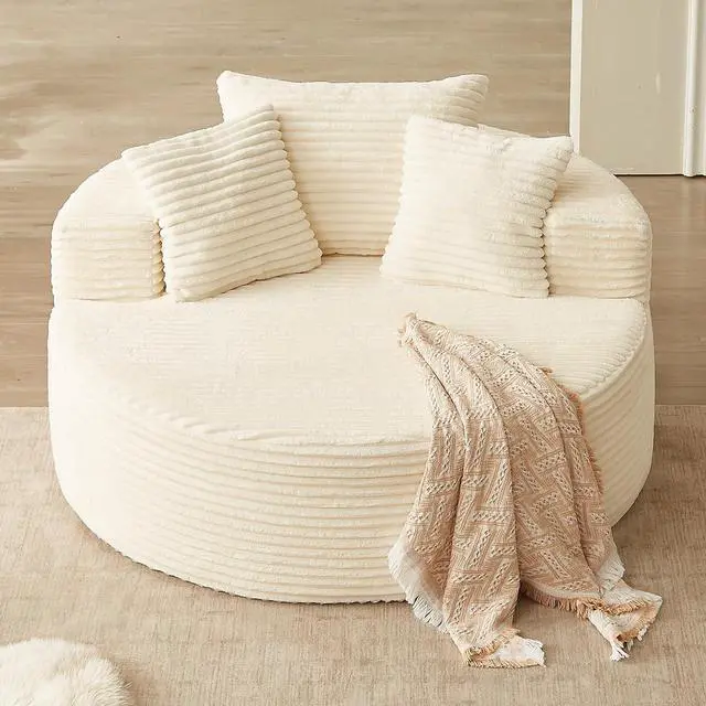Alt view image 3 of 7 - 55'' Oversized Round Lounge Chair Indoor, Corduroy Upholstered Large Lounge Chaise, Cloud Soft Circle Sofa Bed for Reading,Living Room,Bedroom,No Assembly Required,Beige