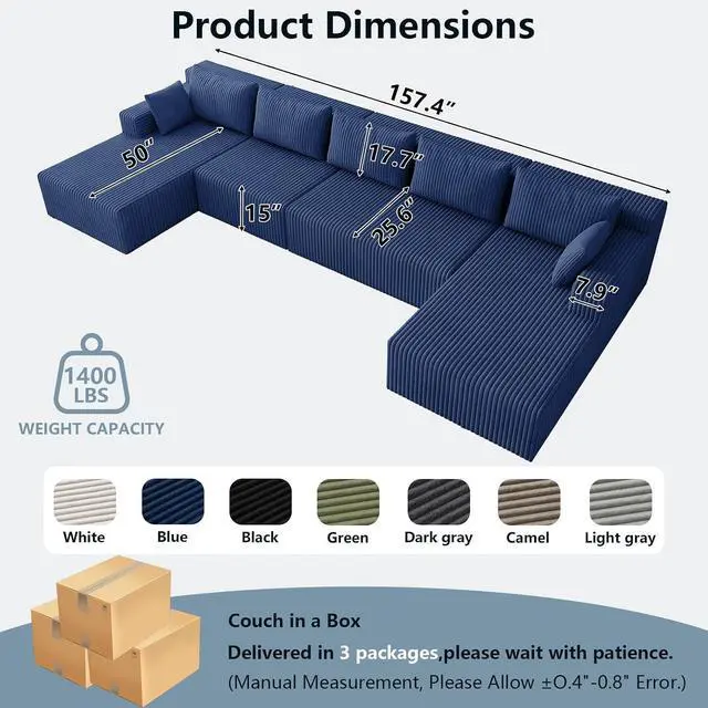 Alt view image 2 of 7 - 160" W Modular Sectional Sofa,Modern U-Shaped Cloud Couch with Deep Seat,Comfy Corduroy 5-Seater Sofa for Living Room,No Assembly (Blue)