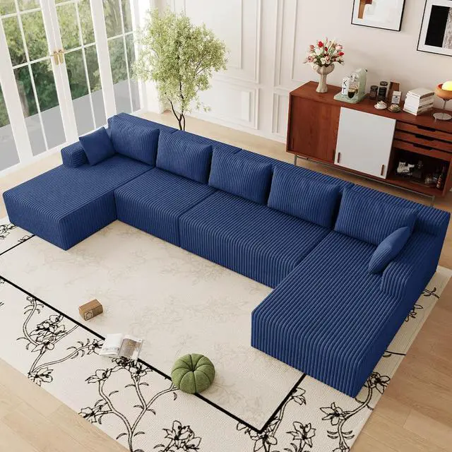 Main image of 160" W Modular Sectional Sofa,Modern U-Shaped Cloud Couch with Deep Seat,Comfy Corduroy 5-Seater Sofa for Living Room,No Assembly (Blue)