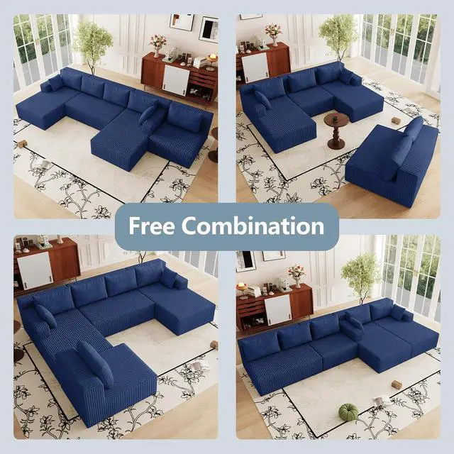 Alt view image 3 of 7 - 160" W Modular Sectional Sofa,Modern U-Shaped Cloud Couch with Deep Seat,Comfy Corduroy 5-Seater Sofa for Living Room,No Assembly (Blue)