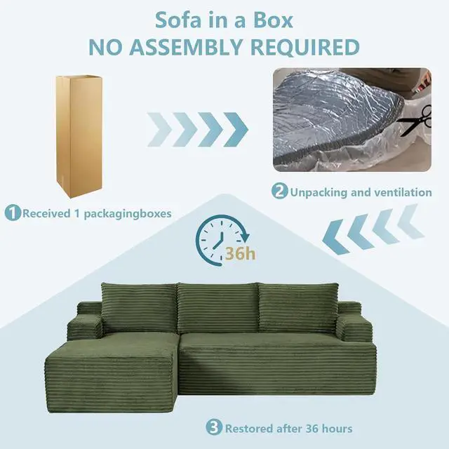 Alt view image 6 of 7 - 96" Cloud Sectional Couch with L-Shape Chaise, Modern Corduroy Boneless Couch for Living Room,Memory Foam Sofa with Deep Seat,No Assembly Required (Green,Left-Facing Chaise)