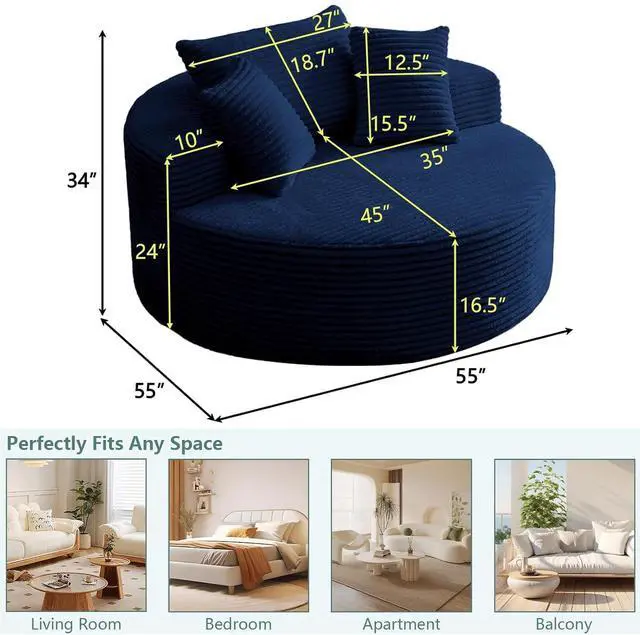 Alt view image 2 of 7 - 55'' Oversized Round Lounge Chair Indoor, Corduroy Upholstered Large Lounge Chaise, Cloud Soft Circle Sofa Bed for Reading,Living Room,Bedroom,No Assembly Required,Blue