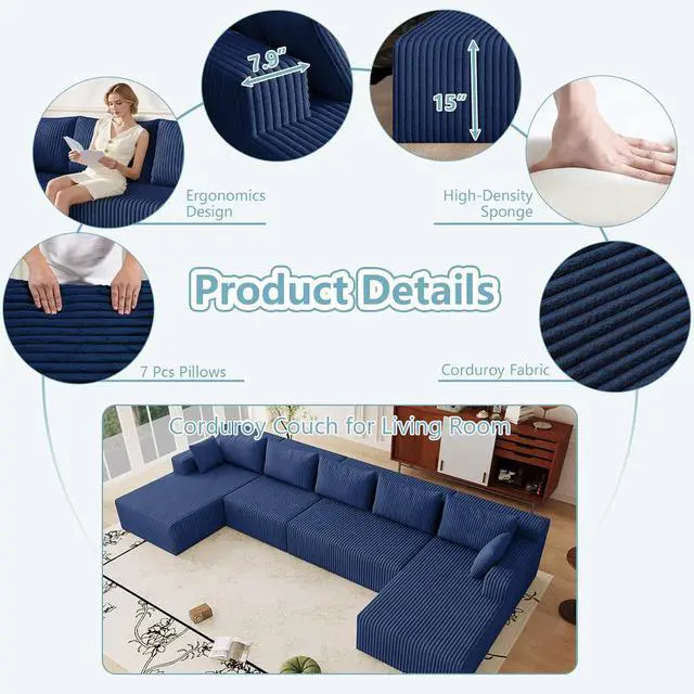 Alt view image 4 of 7 - 160" W Modular Sectional Sofa,Modern U-Shaped Cloud Couch with Deep Seat,Comfy Corduroy 5-Seater Sofa for Living Room,No Assembly (Blue)