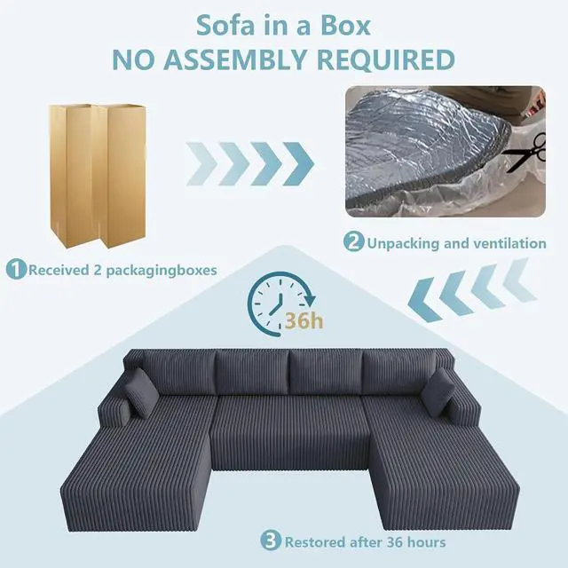 Alt view image 7 of 7 - 124" Cloud Sectional Couch,Modern U-Shaped Boneless Couch with Deep Seat,Comfy Corduroy 4-Seater Sofa,Memory Foam Sofa for Living Room,No Assembly Required (Dark Grey)