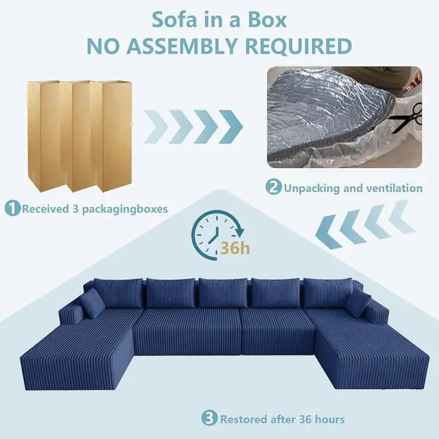 Alt view image 6 of 7 - 160" W Modular Sectional Sofa,Modern U-Shaped Cloud Couch with Deep Seat,Comfy Corduroy 5-Seater Sofa for Living Room,No Assembly (Blue)