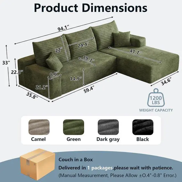 Alt view image 2 of 7 - 95" Cloud Sectional Couch with L-Shape Chaise, Modern Corduroy Boneless Couch for Living Room,Memory Foam Sofa with Deep Seat,No Assembly Required (Green,Right-Facing Chaise)