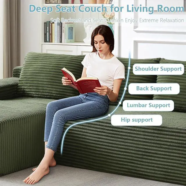 Alt view image 7 of 7 - 96" Cloud Sectional Couch with L-Shape Chaise, Modern Corduroy Boneless Couch for Living Room,Memory Foam Sofa with Deep Seat,No Assembly Required (Green,Left-Facing Chaise)