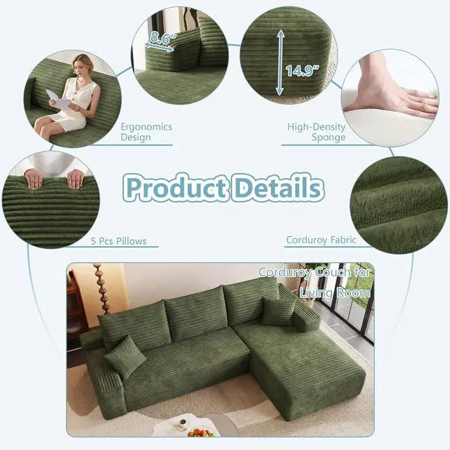 Alt view image 4 of 7 - 95" Cloud Sectional Couch with L-Shape Chaise, Modern Corduroy Boneless Couch for Living Room,Memory Foam Sofa with Deep Seat,No Assembly Required (Green,Right-Facing Chaise)