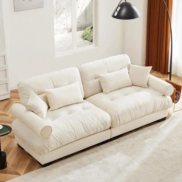 Main image of 93.7" Oversized Loveseat Sofa, Modern Velvet 2-Seat Couch with Waist & Throw Pillows, Upholstered Deep Seat Cloud Couch for Living Room, Bedroom & Small Spaces (Cream,2 Seater)