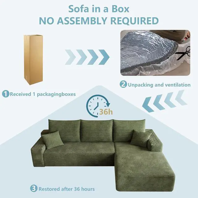 Alt view image 7 of 7 - 95" Cloud Sectional Couch with L-Shape Chaise, Modern Corduroy Boneless Couch for Living Room,Memory Foam Sofa with Deep Seat,No Assembly Required (Green,Right-Facing Chaise)